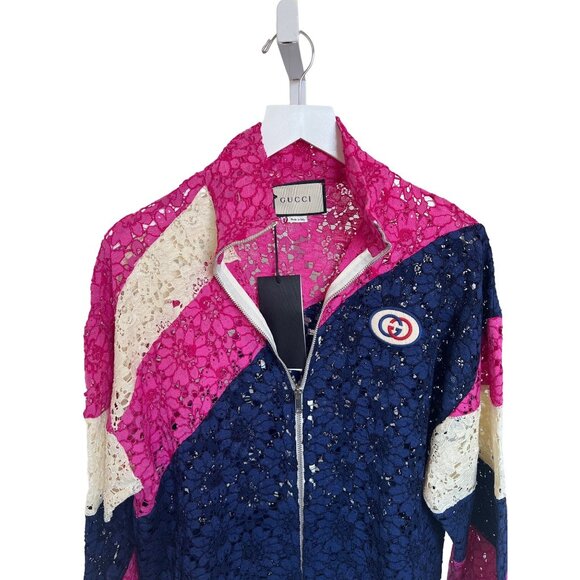Gucci Lace Bomber Jacket Pink Navy Cream Zip-Up Logo Patch - Picture 3 of 16
